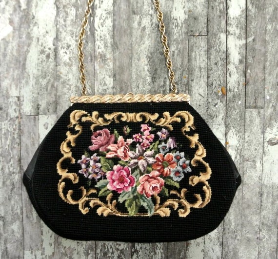 Vintage floral needlepoint purse vintage rose by TrueRebelClothing