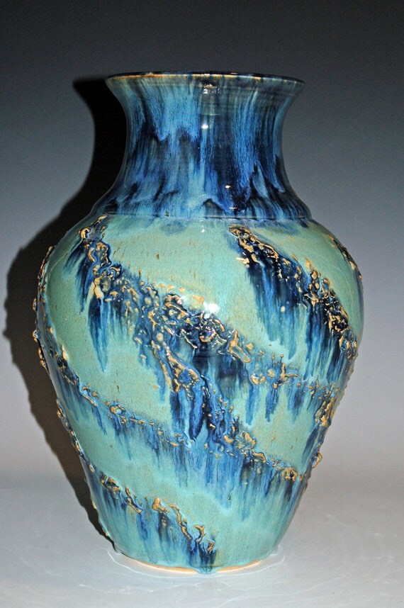 Large Ceramic Vase Pottery Handmade Blue and Green Ceramics