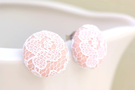 Blossom Stud, Light Pink Lace Earrings, Fabric Covered Button Earrings, Button Earrings, Surgical Steel Earrings, Pastel Pink Studs