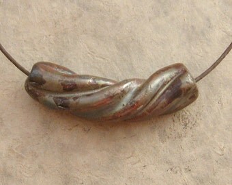Raku Ceramic Bead - Silvery Bronze Curved Twisted Tube Bead