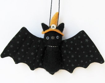Halloween bat pulsh, needle felted bat plush with orange witch hat, felt animal ornament, fall decor,