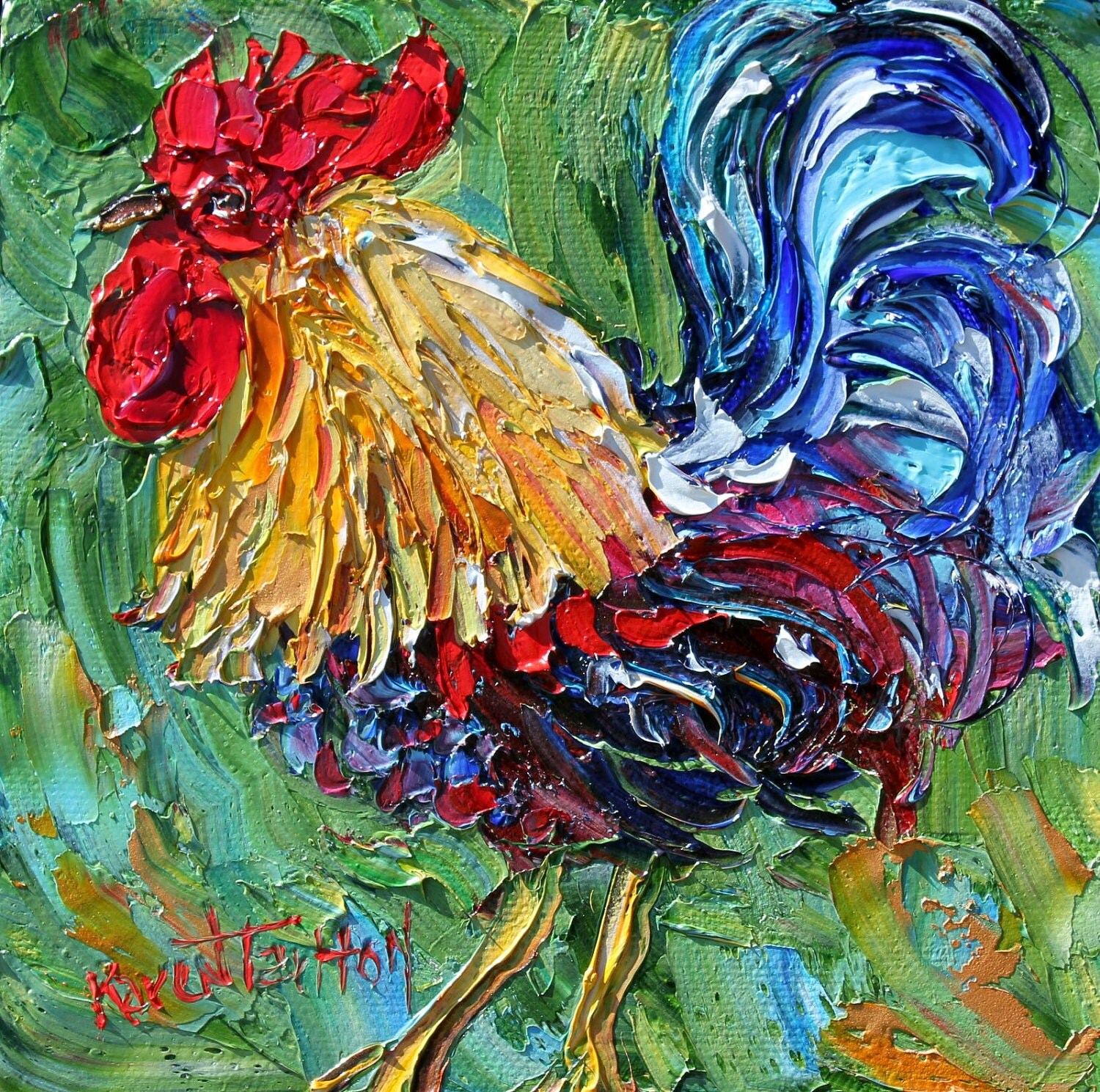 Original oil ROOSTER CHICKEN palette knife painting impasto on