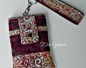 Choose Any Batik Fabric in My Shop or Wine - Pale Blue - Orange Swirls & Leaves Batik Phone Case with Wristlet and Back Zipper Pocket