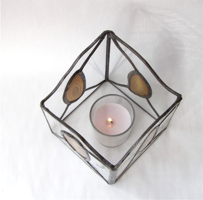 Clear Stained Glass Candle Holder with Brown Agate Stones