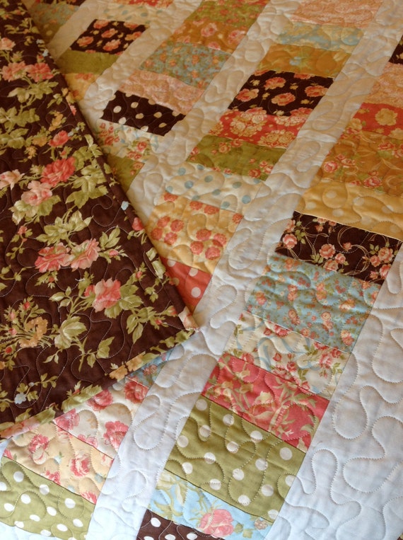 Baby Girl Quilt in brown blue peach cream Vintage style