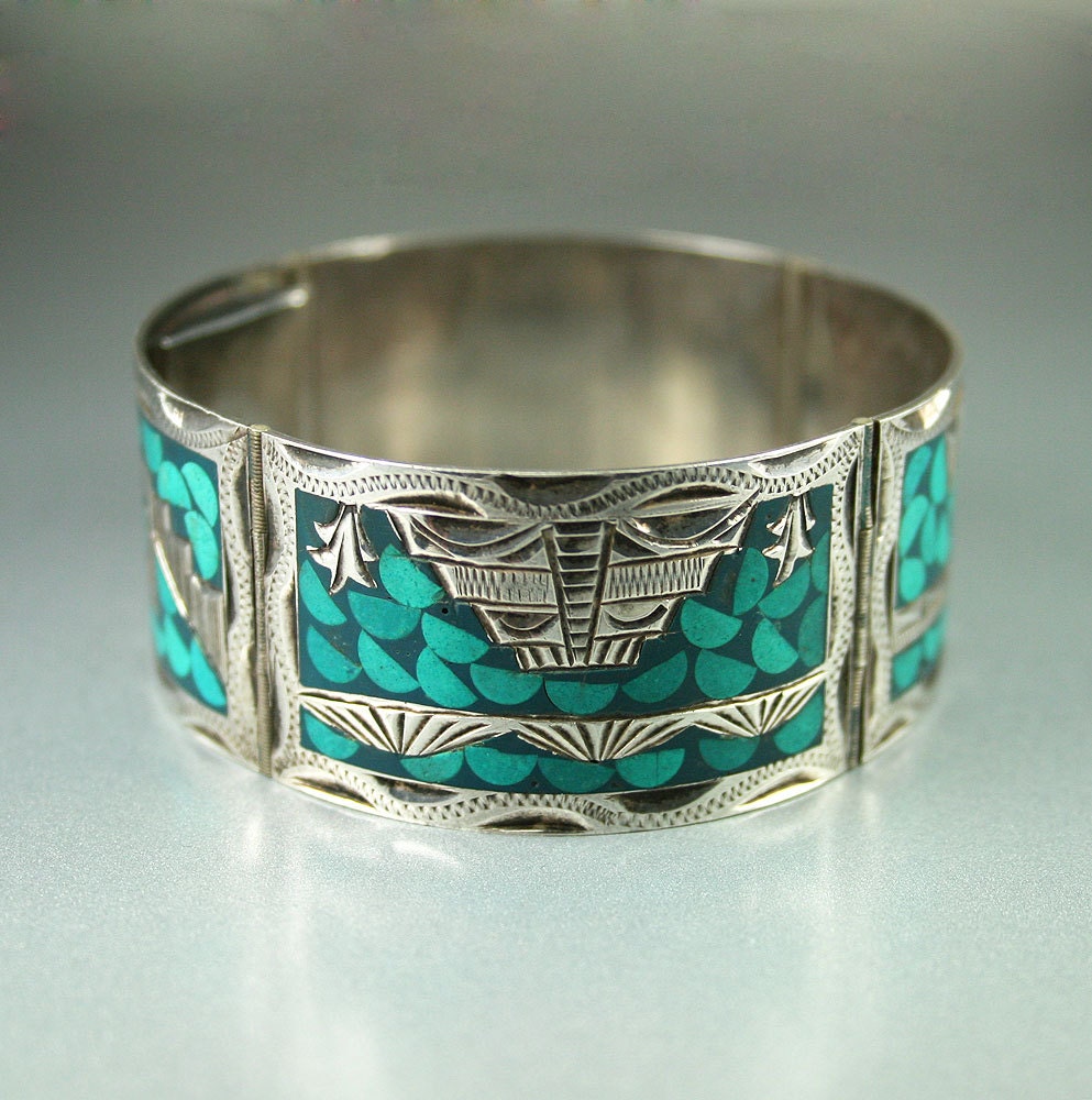 Vintage Bracelet Mexico Sterling 925 Turquoise Inlay Aztec