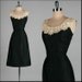 Vintage 1950s Dress . Black Linen . Ivory Macrame Lace . Wiggle . M . 1751