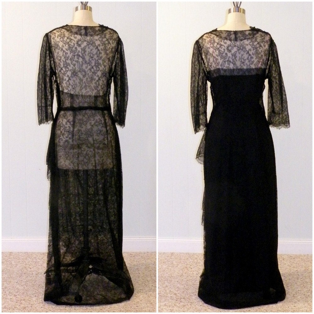 1940s Dress 40s Lace Evening Gown Black Net Lace Vintage