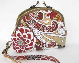 Double Frame Wristlet in Brown and Earth Tones Asian Print