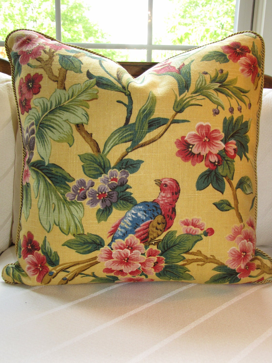 Sunny Yellow Floral Designer Toss Pillow/ Bird Toss Pillow