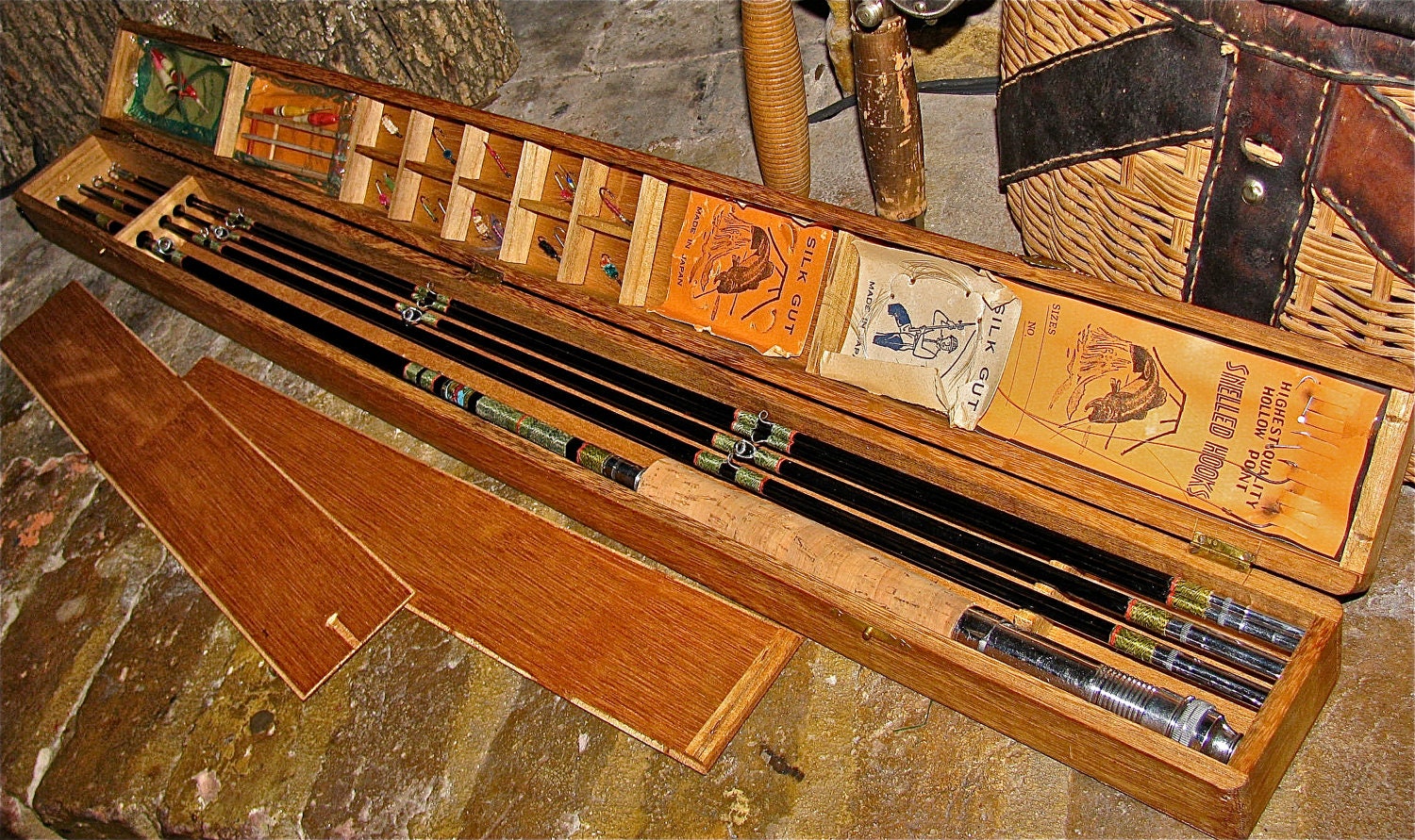 Vintage Fly Fishing Rod & Wooden Box Case