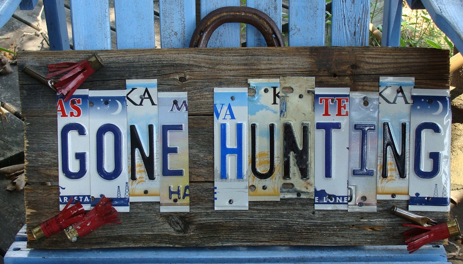 Gone Hunting License Plate Hand Painted Wood Fence Panel Sign