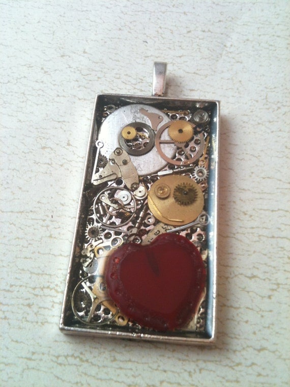 Silver Clockwork Clutter with Red Heart Steampunk Necklace by DreaminSteam steampunk buy now online