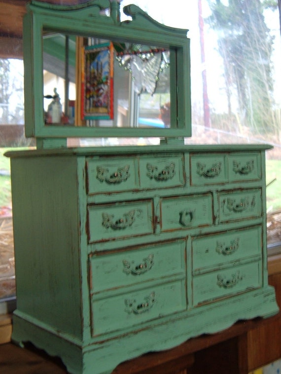 Shabby Chic Turquoise Chest of Drawers with Mirror Jewelry