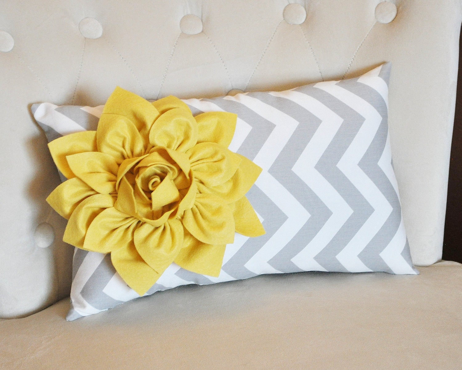 Chevron Lumbar Pillow Mellow Yellow Dahlia on Gray and White