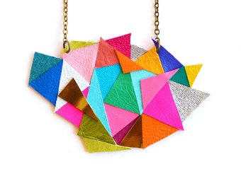 Geometric Necklace, Triangle Necklace, Rainbow Bib Necklace, Chevron Necklace, Color Block Necklace, Geometric Jewelry, Leather Necklace