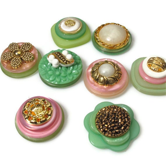 Vintage Button Pink and Green by BluKatDesign
