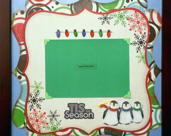 CAROLING PENGUINS Premade Memory Album Page (Mahogany Veneer Shadow Box Frame Sold Separately)