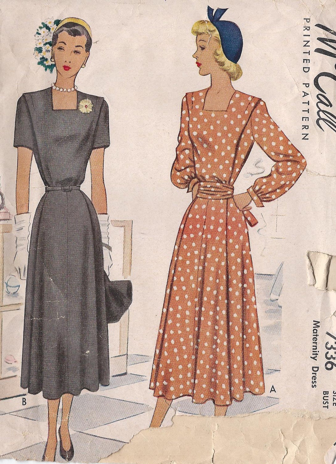 Vintage 1948 Misses' Dress Pattern Square Neckline