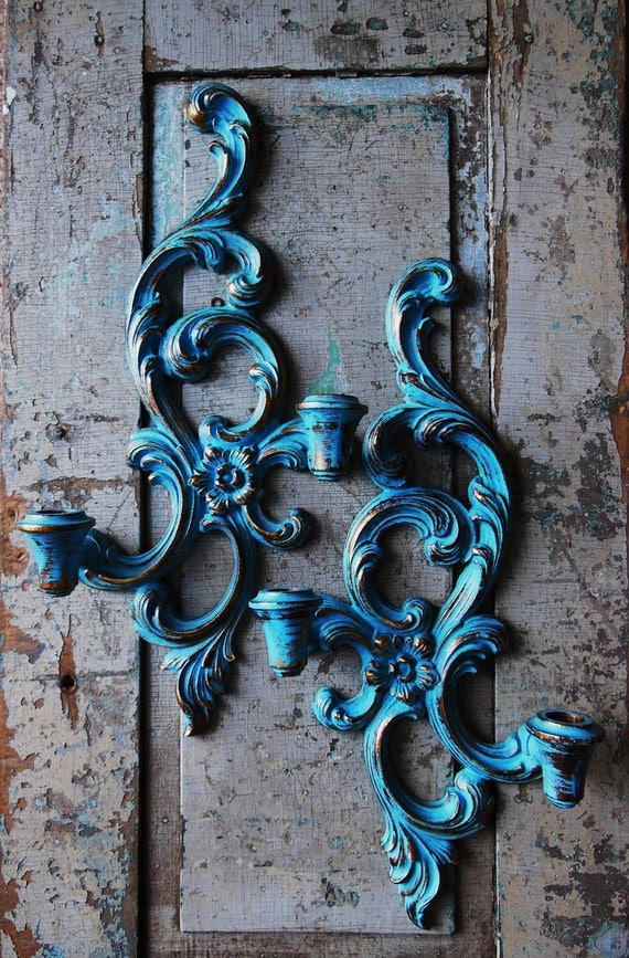 Turquoise Wall Sconces Ornate Upcycled Syroco Wood Candle