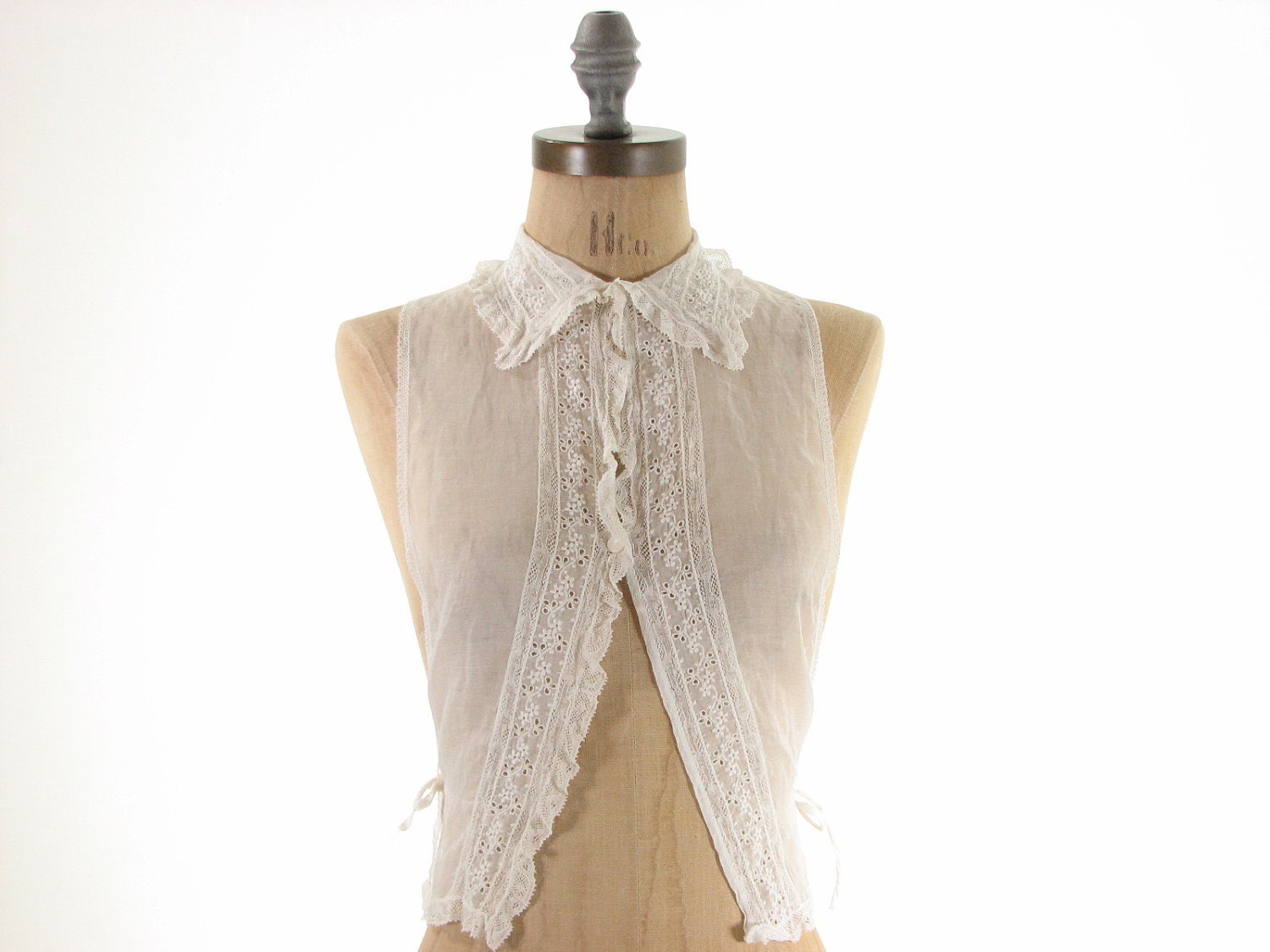 Antique 30s White Embroidered Lace Dickie Collar Blouse Sheer