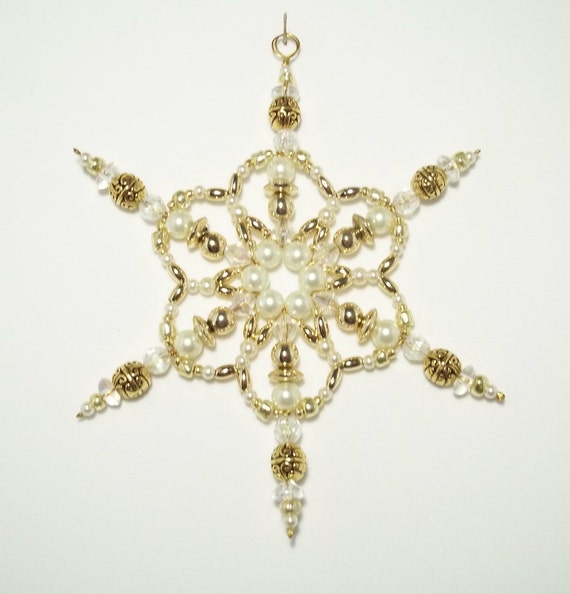 Snowflake Ornament - White Pearl and Gold - Christmas Ornaments ...