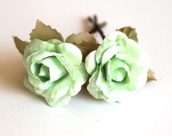 Mint Rose, Bridal Hair Accessories, Wedding Hair Accessories, Bridesmaid Hair Flower, Light Green Hair Flower, Brass Bobby Pin Set of 2