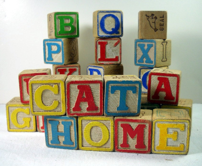 Vintage Small Wood Alphabet Toy Blocks ABC Letters Animals