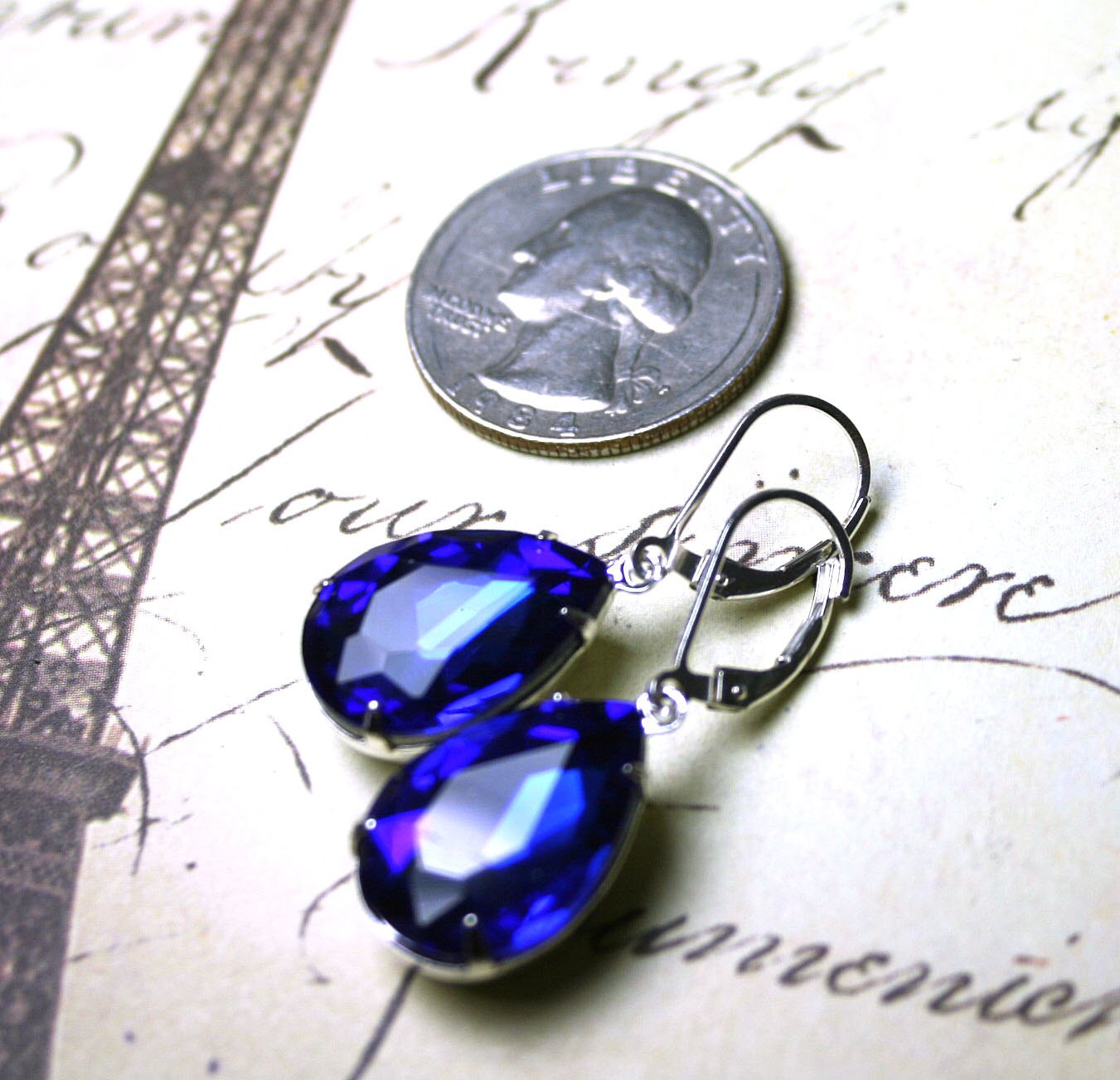 Sapphire Blue Vintage Jeweled Earrings Estate Style Earrings