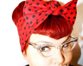 Vintage Inspired Head Scarf, Bow or Bandanna Style,bRed with Black Polka Dots, Rockabilly, Retro