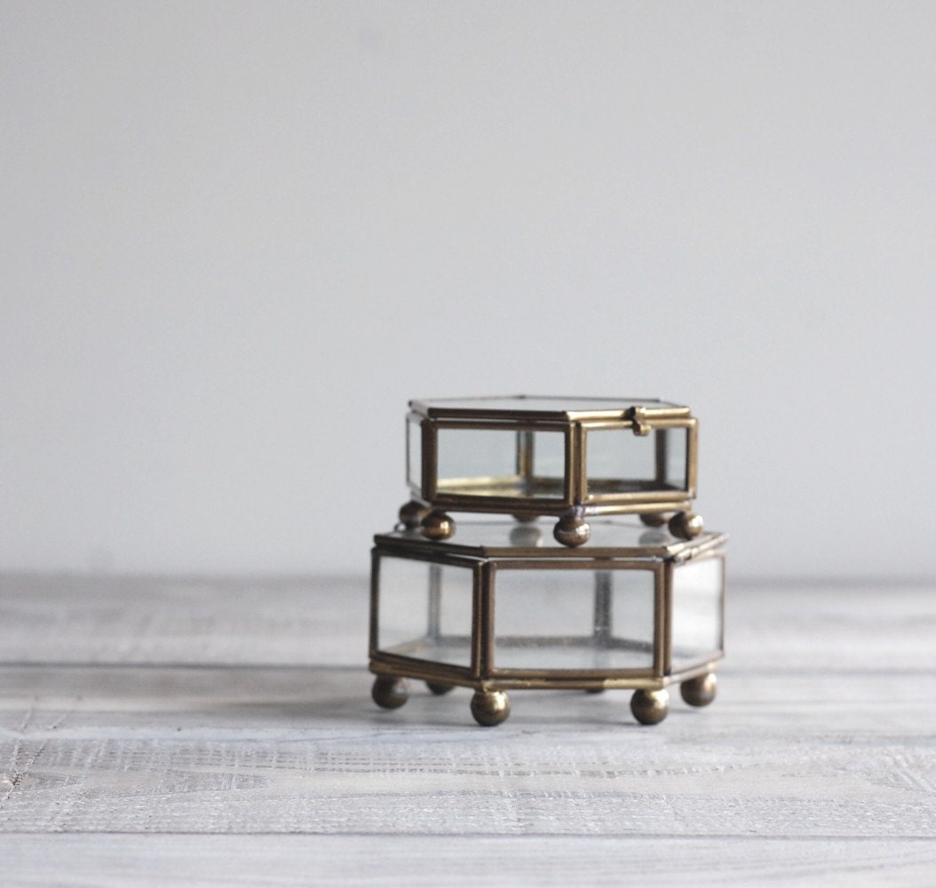 Vintage Glass Curio Display Boxes / Brass and Glass Hexagon