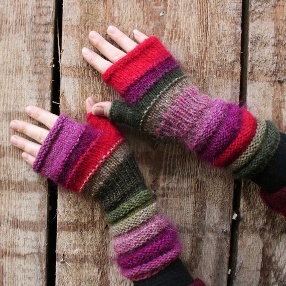 Heather Unmatched Hand Knit Wrist Warmers Fingerless Mittens