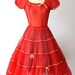 1950s Sheer Red Party Dress / Vintage Full Circle Skirt Nipped Waist Sweetheart Cupcake Valentines Dress