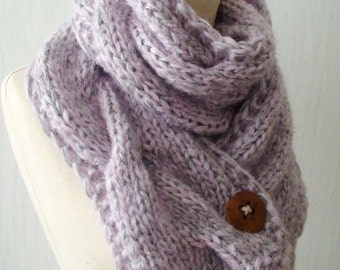 Chunky Scarf Knit Winter Cowl Cabled in Light Pink and Silver Grey