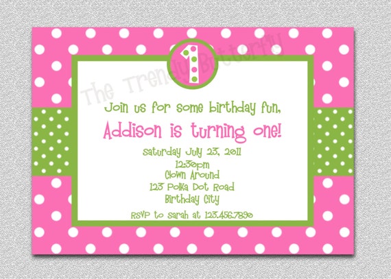 Hot Pink Polka Dot Birthday Invitation, Polka Dot Birthday Invitation, Pink and Green Birthday Invitation, Polka Dot Birthday Invitation Il_570xn
