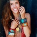 LUX 2 Inch Bohemian Recycled Stamped Red Leather Chunky Chrysocolla Gemstone Cuff with Brass Thumb Post