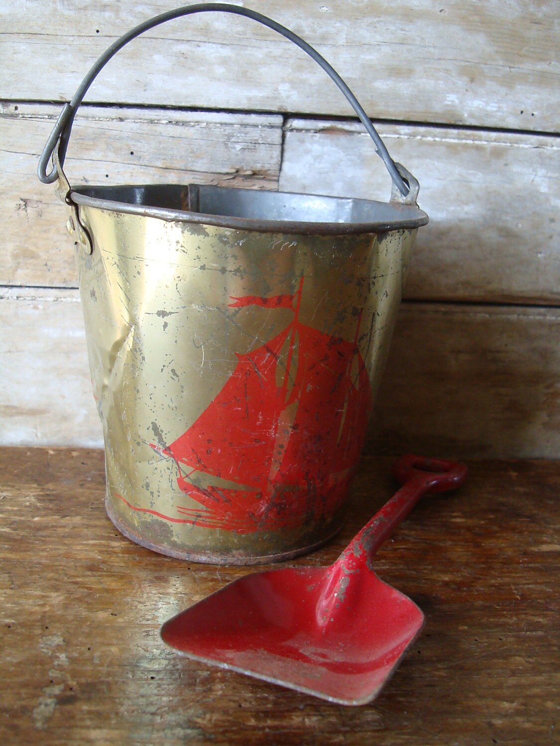 Vintage Toy Tin Bucket Sand Beach Pail and Shovel Ship Red