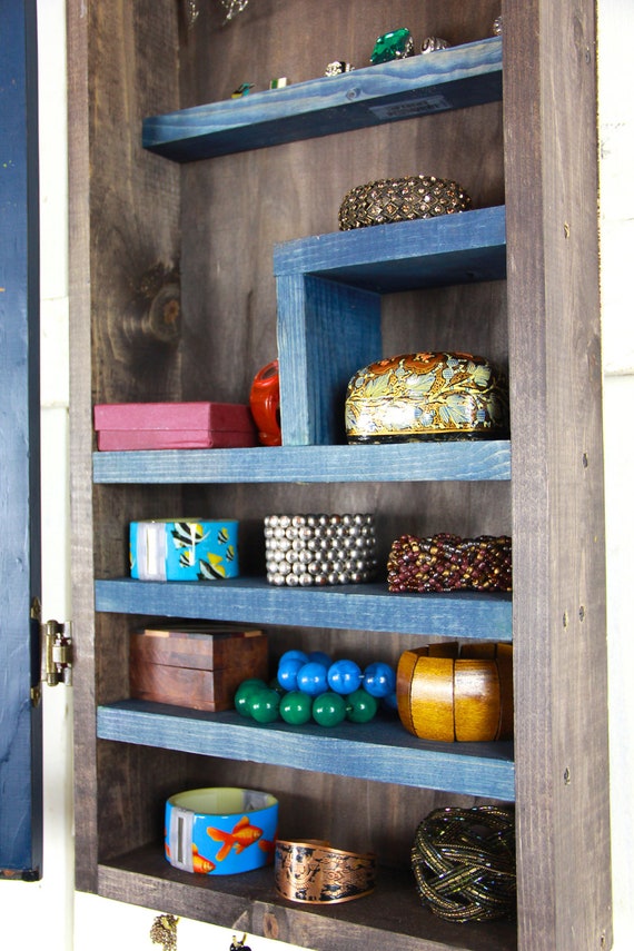 Navy Blue wall mounted rustic Jewelry Organizer