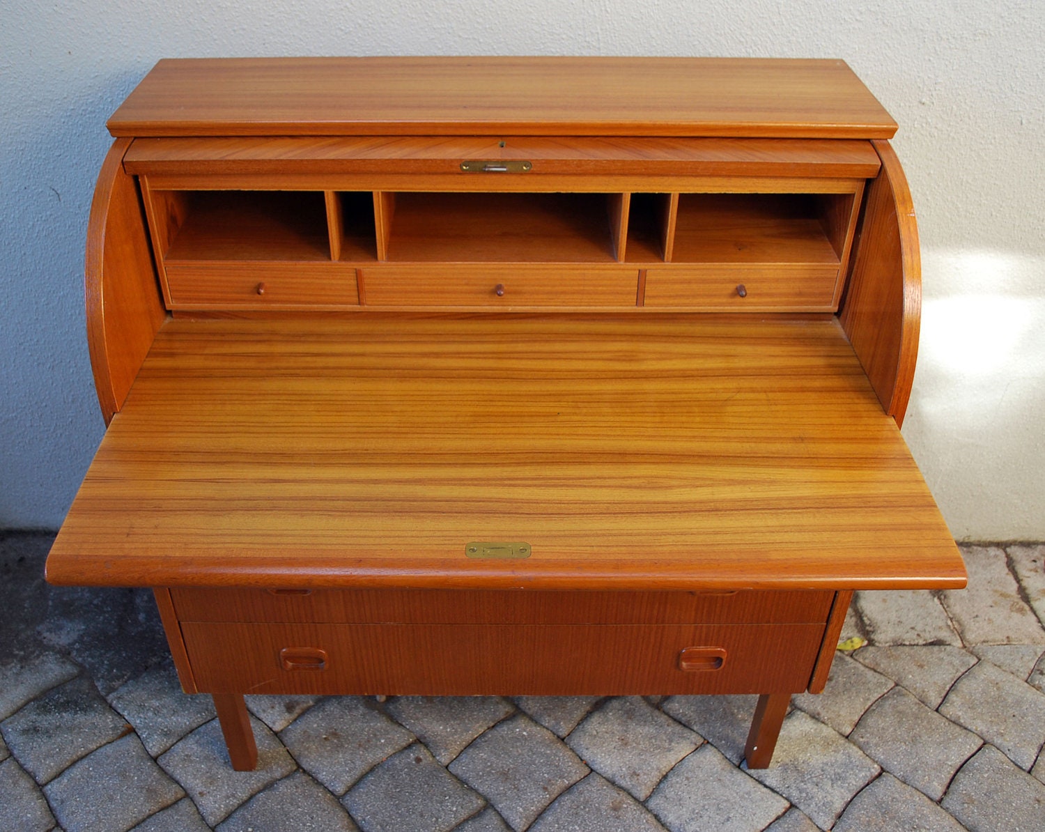 Mid Century Modern Teak Roll Top Dresser and Desk