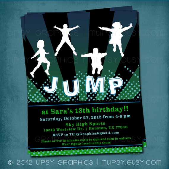 Girly JUMP Trampoline or Bounce House Birthday Party Invite by Tipsy Graphics. Peace signs and Flowers Il_570xn