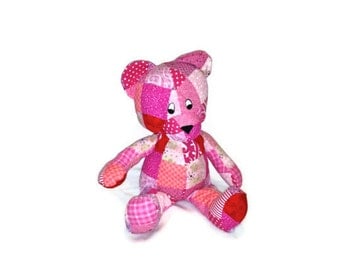 BEAR Stuffed Animal Toy Patchwork Pink and Red - Perfect for a Baby Shower - Ready to Ship baby girl kids valentines day