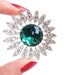 Vintage Star Burst Green Glass Brooch - Silver Tone Pin with Rhinestones / Kathleen