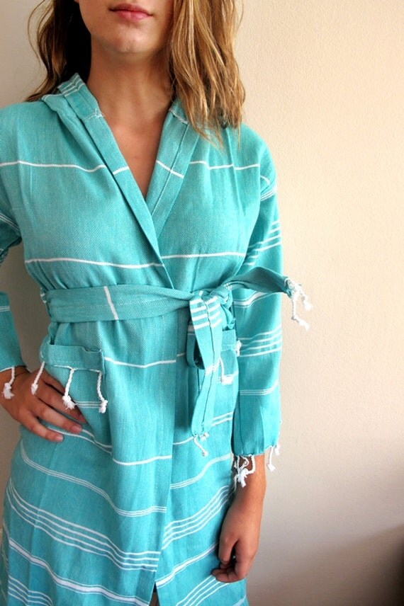 Age 10-12 BATHROBE Turquoise %100 Natural Cotton Turkish Bath Robe Peshtemal Hand Woven Bath,Beach,Handmade Eco Friendly Light