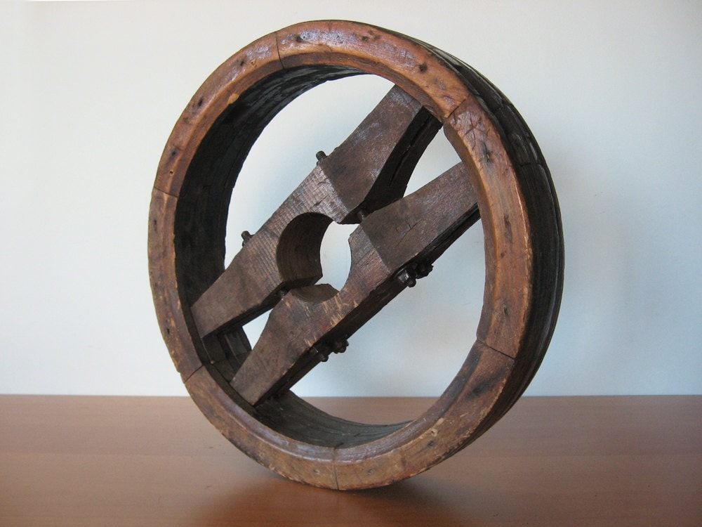 Vintage Wood Pulley Wheel Industrial Decor