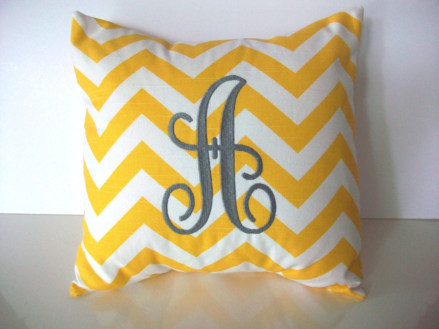 Monogrammed pillow cover 14 x 14 yellow and white chevron