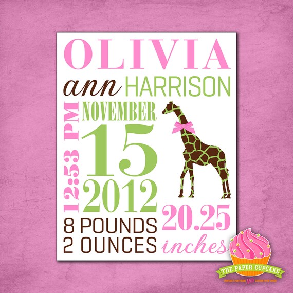 Custom Birth Announcement - Girly Giraffe Theme - Birth Stats Wall Art Print - 11" x 14" Il_570xn