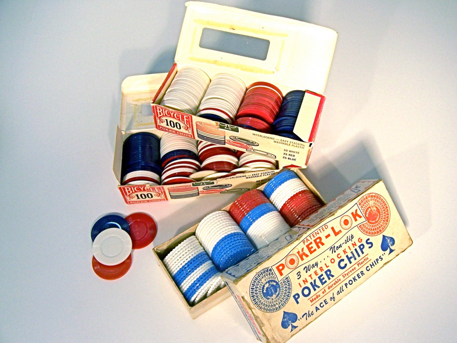 Red white and blue poker chips in 3 vintage by FreshRetroGallery