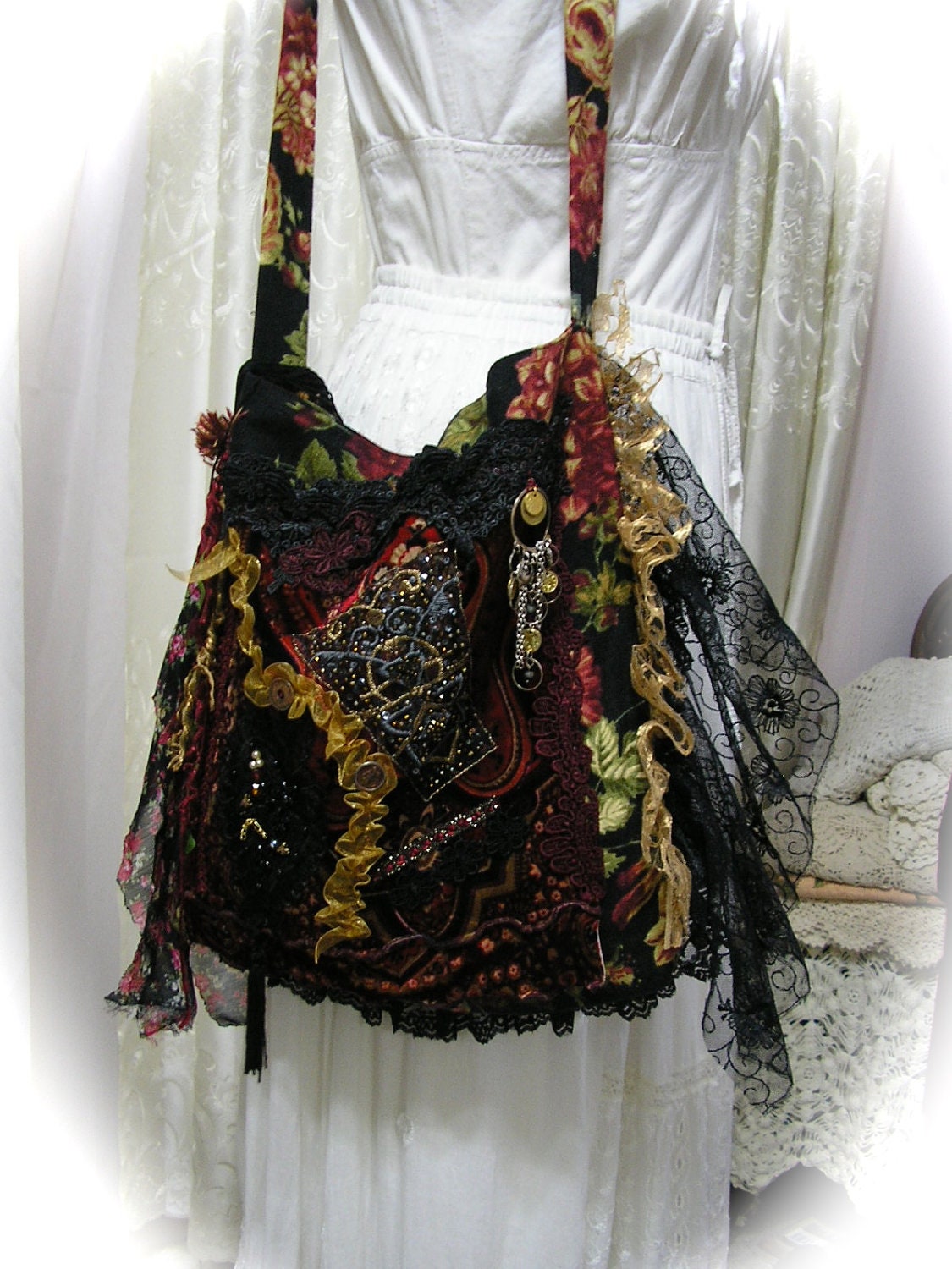 GYPSY BOHEMIAN BAG black lace fringe beads by GrandmaDede on Etsy