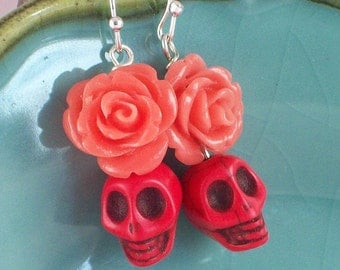 Sugar Skull Earrings Orange rose and Red Skull earrings
