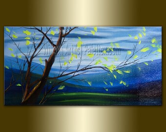 Original Landscape Painting Oil on Canvas Textured Palette Knife Contemporary Modern Art Seasons 18X36 by Willson Lau